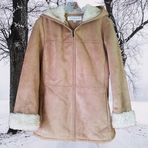 Liz Claiborne Womens Tan Penny Lane Winter Coat Faux Suede Faux Fur Hooded Cozy